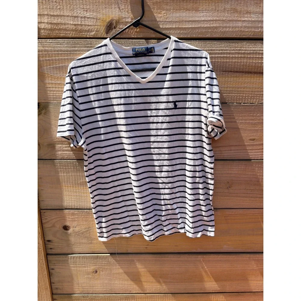 Polo Ralph Lauren Mens V-Neck T-Shirt Medium White Navy Blue Striped Classic Fit
